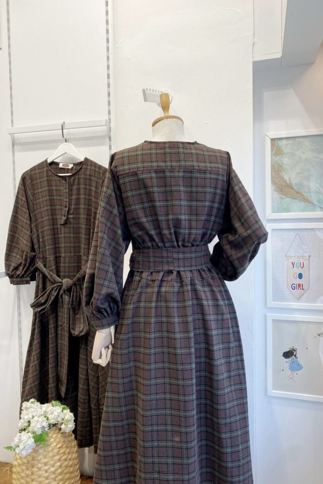 Kahverengi Ekoseli Sweety Elbise