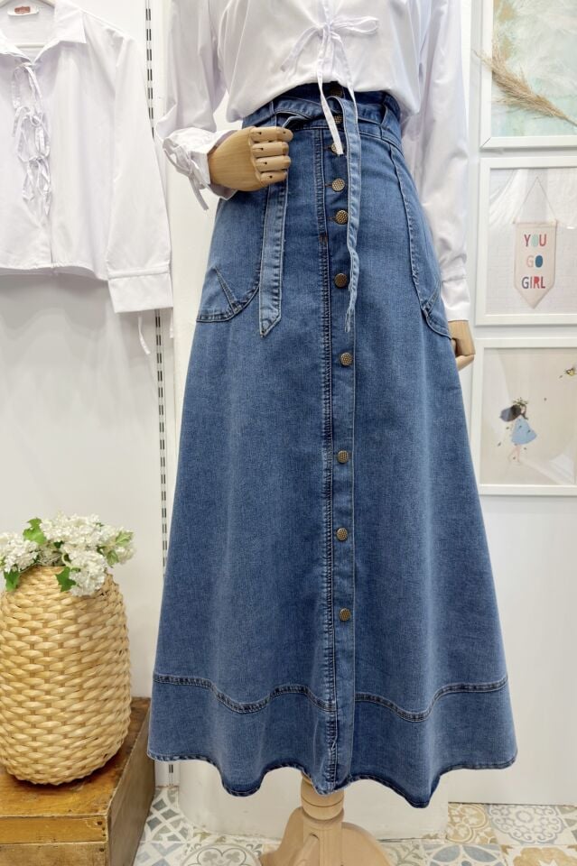 Kuşak Detaylı Önü Düğmeli Kot Etek