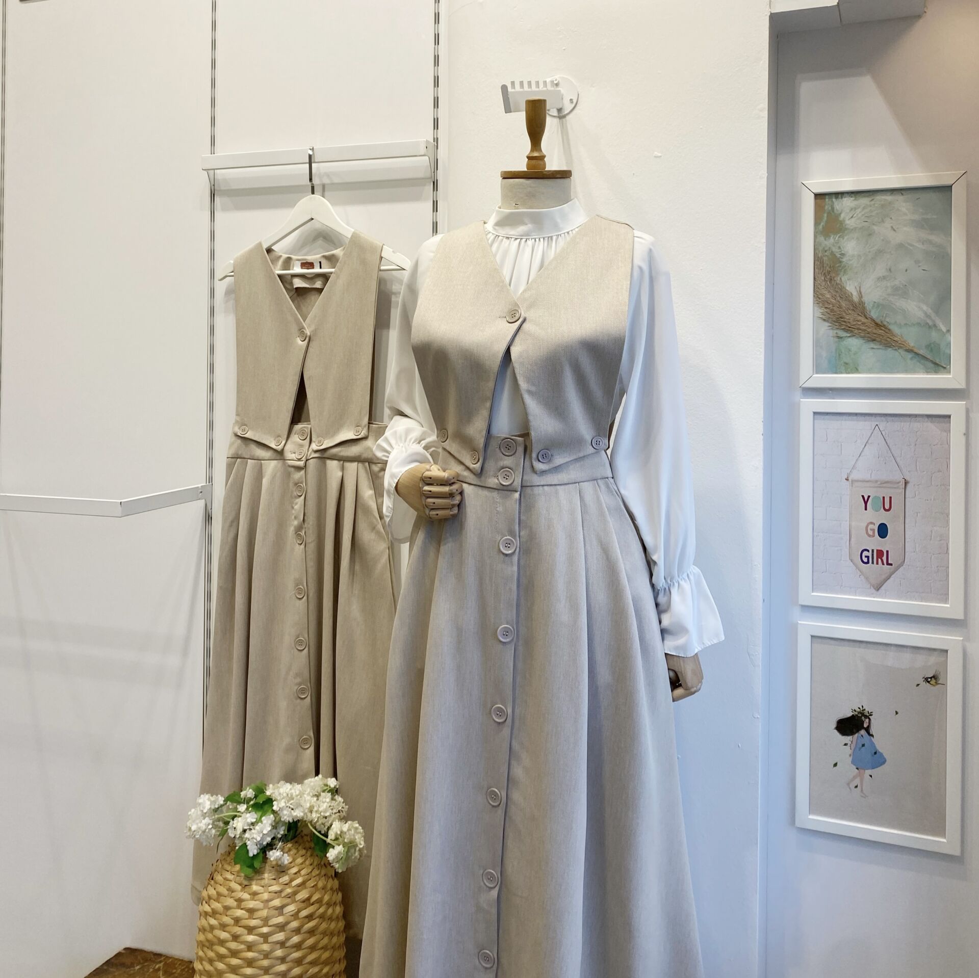 Krem Düğme Detaylı Falling Takım