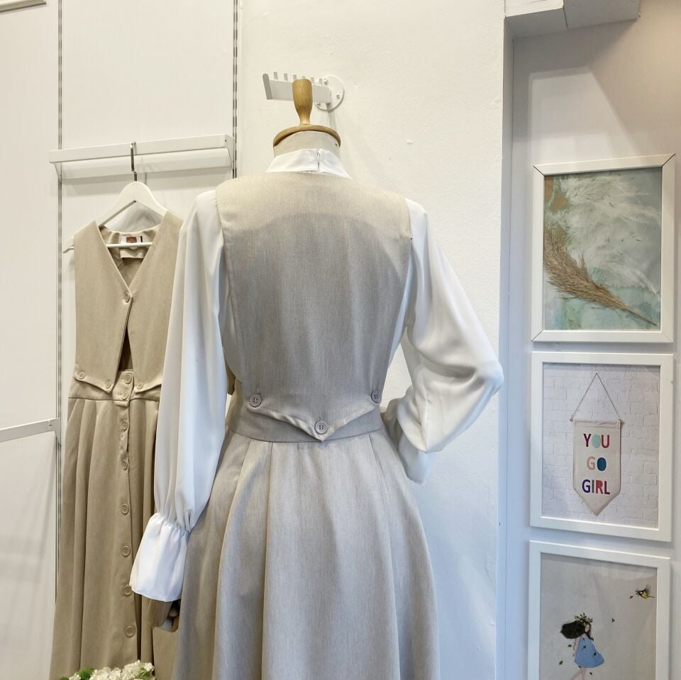 Krem Düğme Detaylı Falling Takım