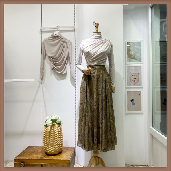 Şal Desenli Yeşil Şifon Etek