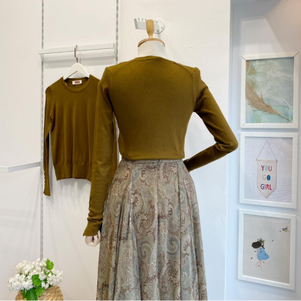 Yağ Yeşili Bisiklet Yaka Kol Ortası Droplu Triko Kazak