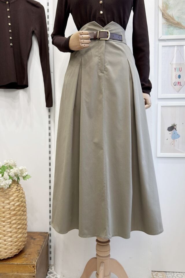 Çağla Yeşili Kemer Detaylı Maribel Etek