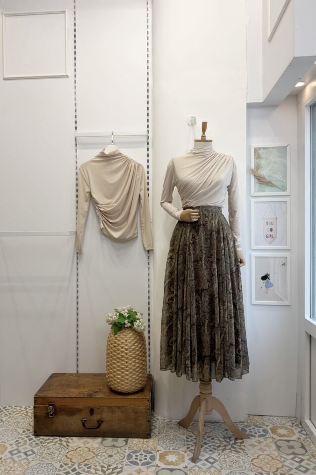 Şal Desenli Yeşil Şifon Etek