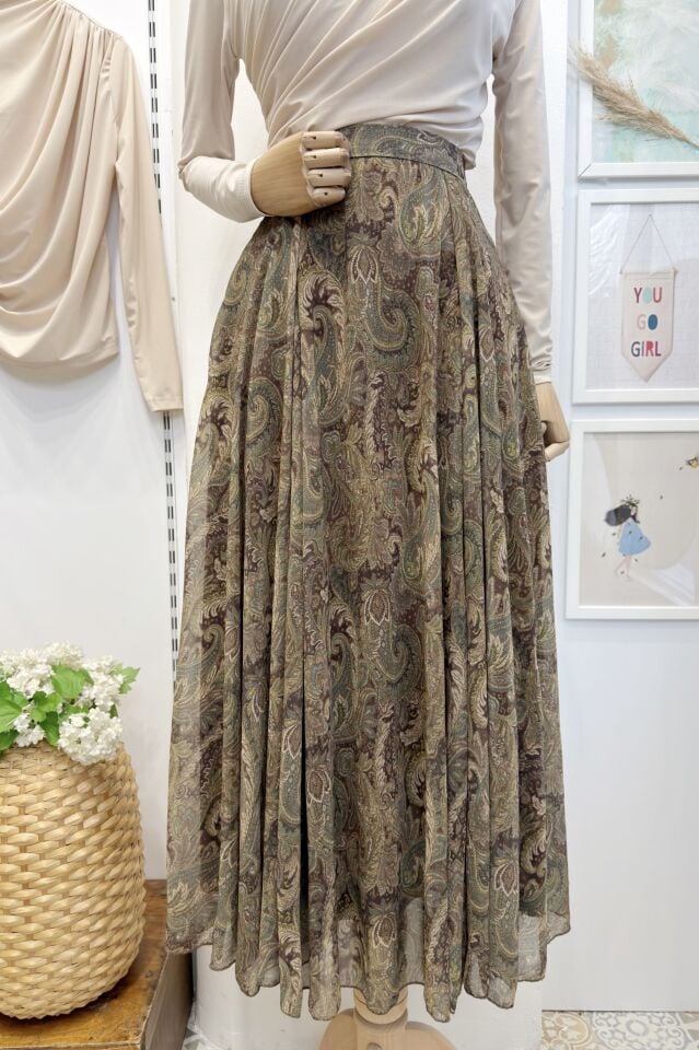 Şal Desenli Yeşil Şifon Etek