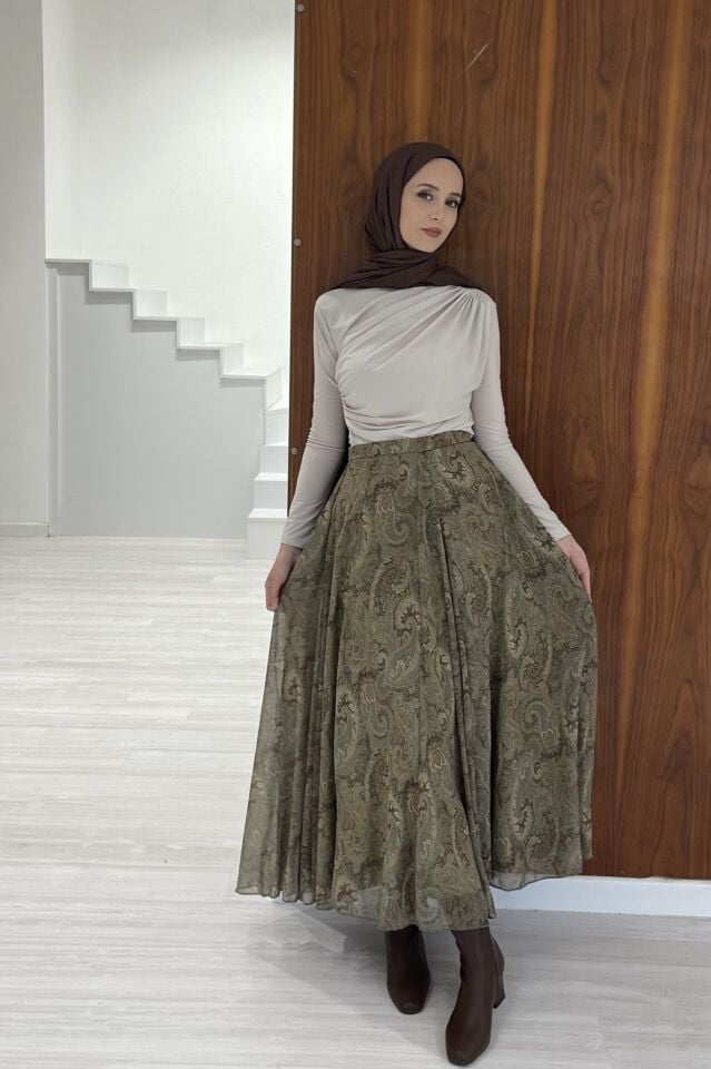 Şal Desenli Yeşil Şifon Etek