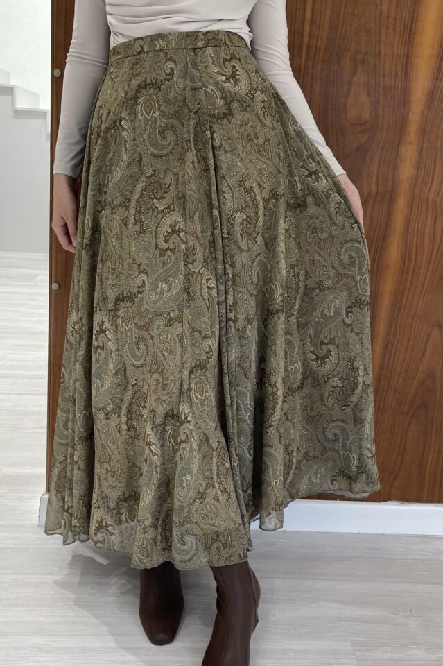 Şal Desenli Yeşil Şifon Etek