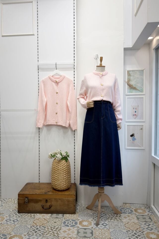 Toz Pembe Kalp Düğmeli Hırka