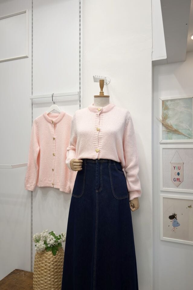 Toz Pembe Kalp Düğmeli Hırka