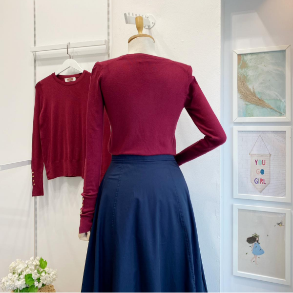 Bordo Bisiklet Yaka Kol Ortası Droplu Triko Bluz