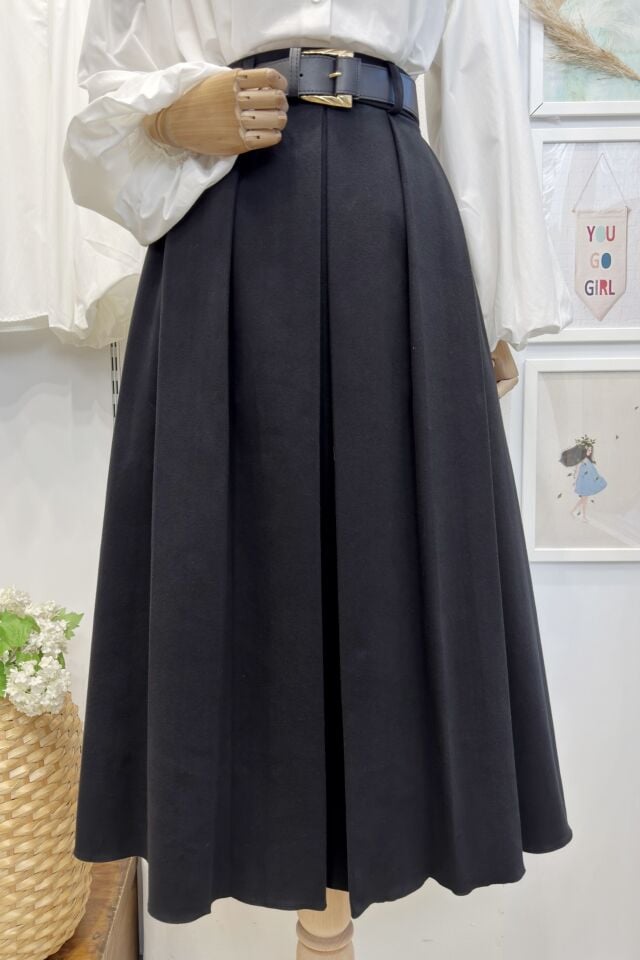 Siyah Kalın Pileli Kemer Detaylı Sunrise Etek