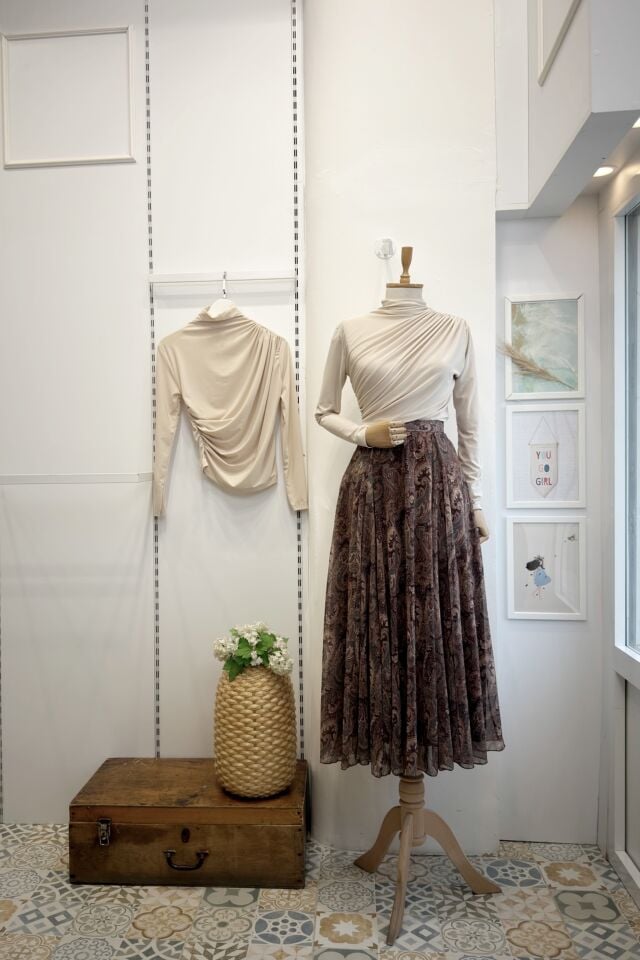 Şal Desenli Kahverengi Şifon Etek