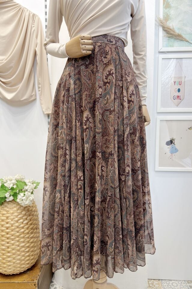Şal Desenli Kahverengi Şifon Etek
