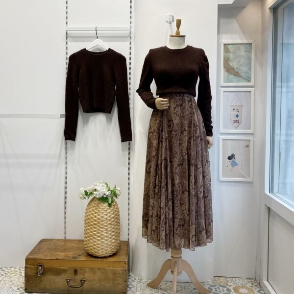 Şal Desenli Kahverengi Şifon Etek