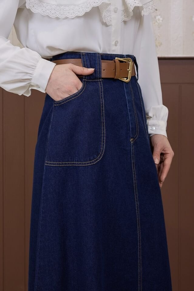 Koyu Renk Taba Kemerli Kalem Kot Etek