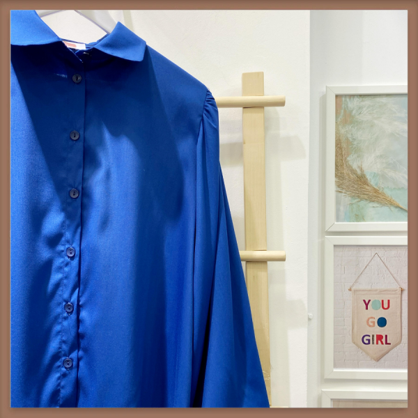 Saks Mavisi Bebe Yaka Balon Kol Poplin Gömlek