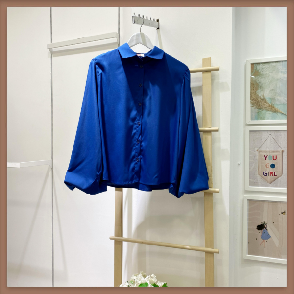 Saks Mavisi Bebe Yaka Balon Kol Poplin Gömlek