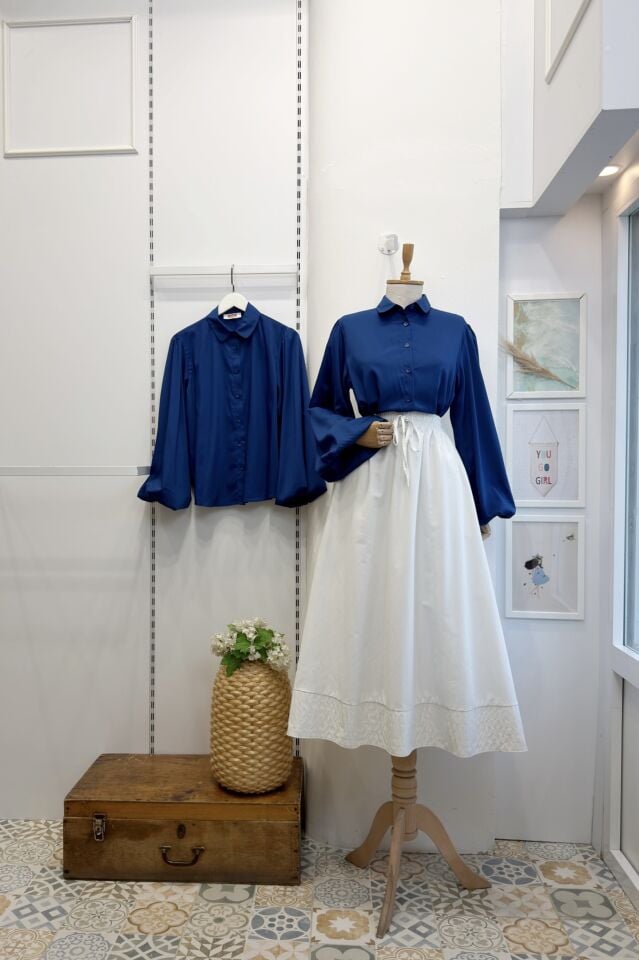 Saks Mavisi Bebe Yaka Balon Kol Poplin Gömlek