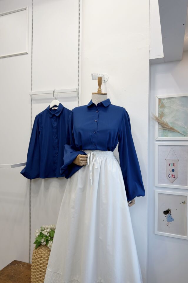 Saks Mavisi Bebe Yaka Balon Kol Poplin Gömlek