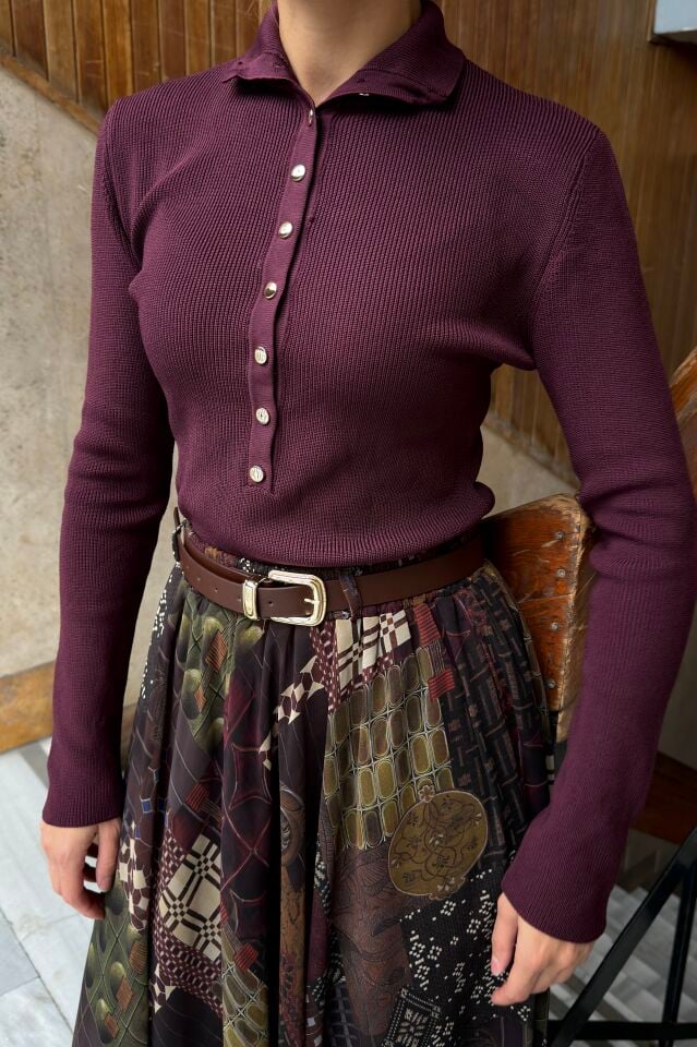 Bordo Gold Düğmeli Elastic Triko Kazak