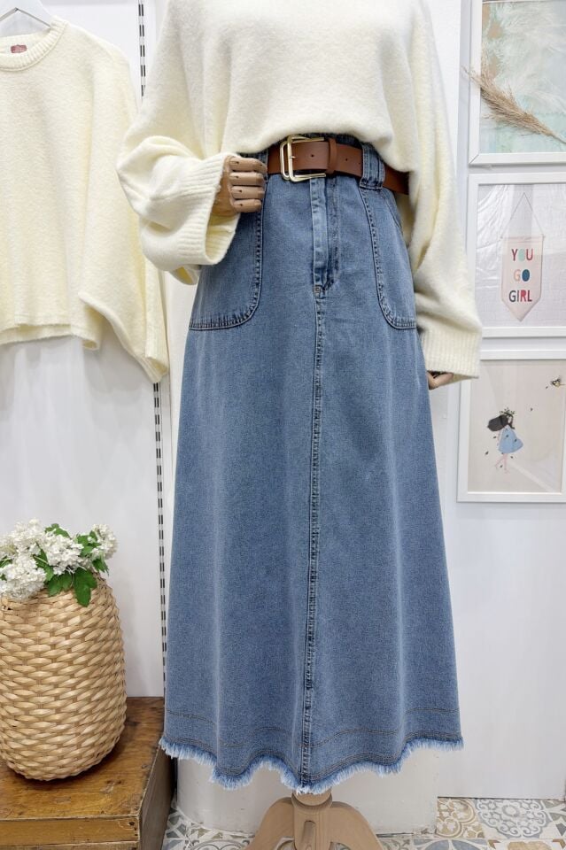 Açık Renk Taba Kemerli Kalem Kot Etek