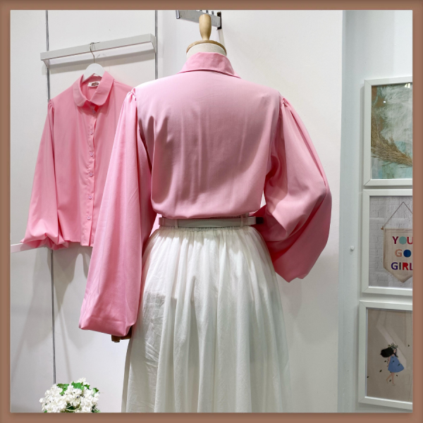 Şeker Pembe Bebe Yaka Balon Kol Poplin Gömlek