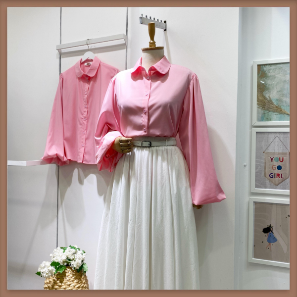 Şeker Pembe Bebe Yaka Balon Kol Poplin Gömlek