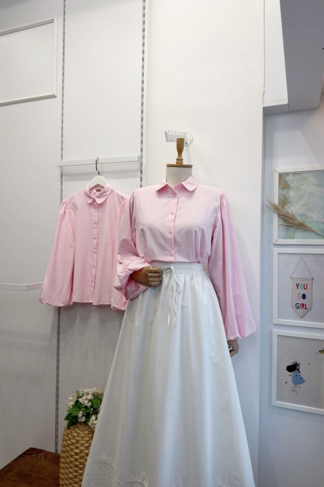 Şeker Pembe Bebe Yaka Balon Kol Poplin Gömlek