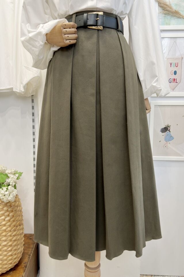 Yeşil Kalın Pileli Kemer Detaylı Sunrise Etek