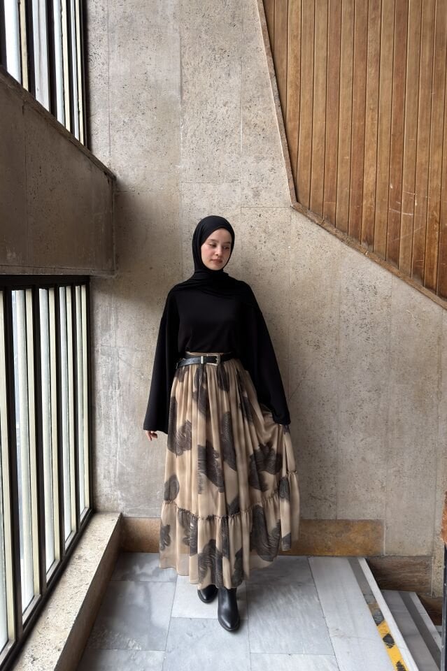 Camel Desenli Vienna Şifon Etek