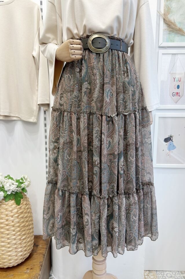 Yeşil Kat Kat Kemerli Şifon Etek