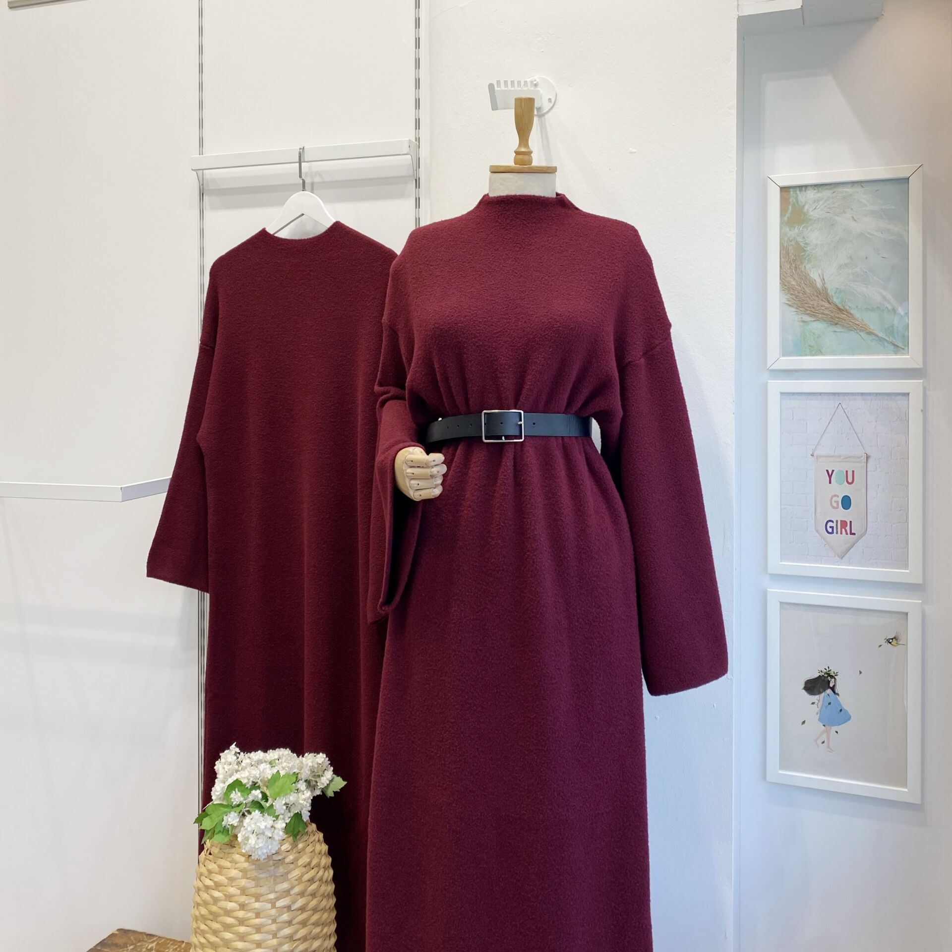 Bordo Peluş Triko Elbise