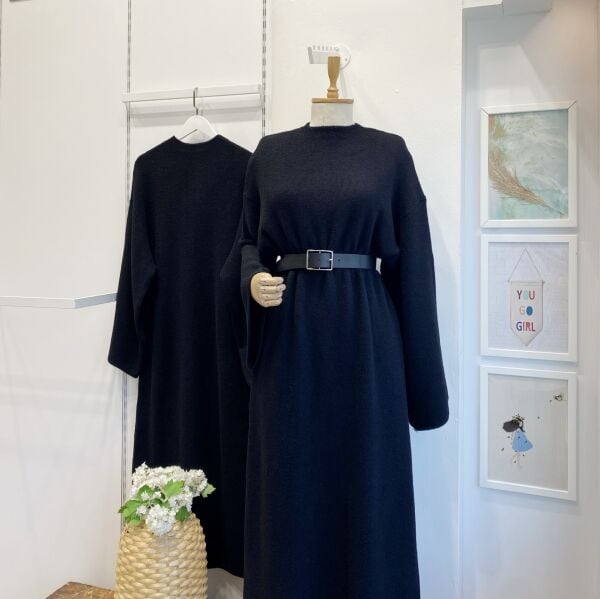 Siyah  Peluş Triko Elbise