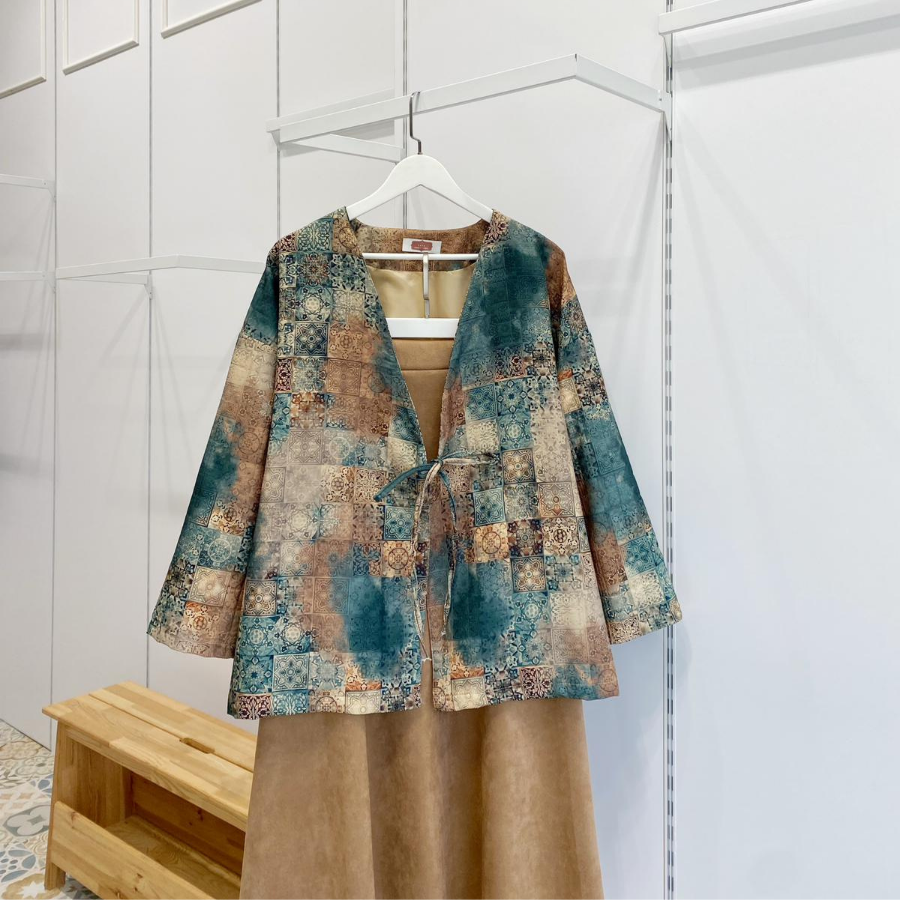 Yeşil Patchwork Desenli Anvelop Bağlamalı Ceket