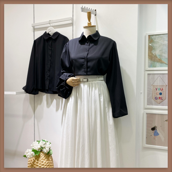 Siyah Bebe Yaka Balon Kol Poplin Gömlek