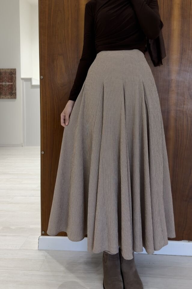 Minik Ekoseli Kahverengi Vual Keten Etek