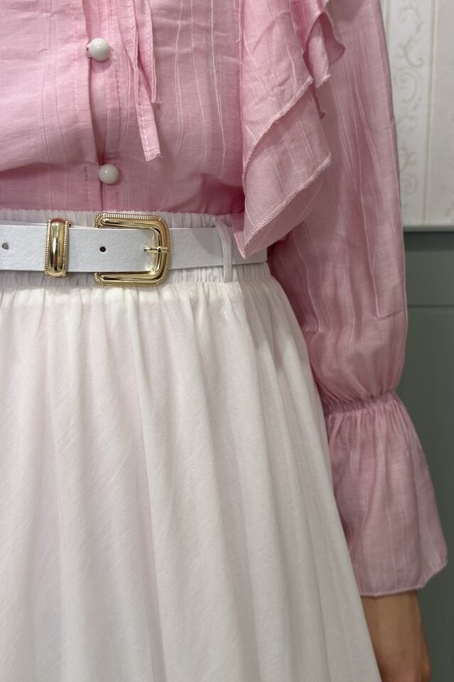 Beyaz Ceinture Kemerli Keten Etek