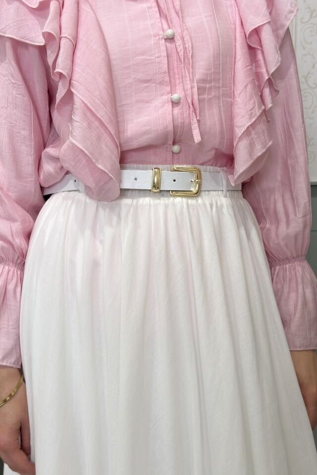 Beyaz Ceinture Kemerli Keten Etek