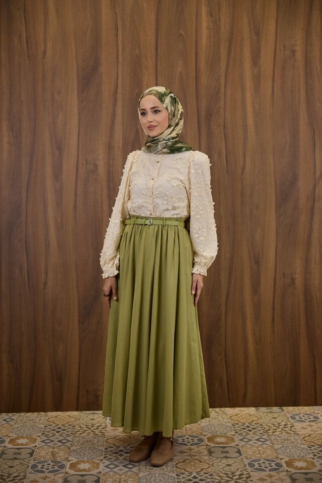 Yeşil Ceinture Kemerli Keten Etek