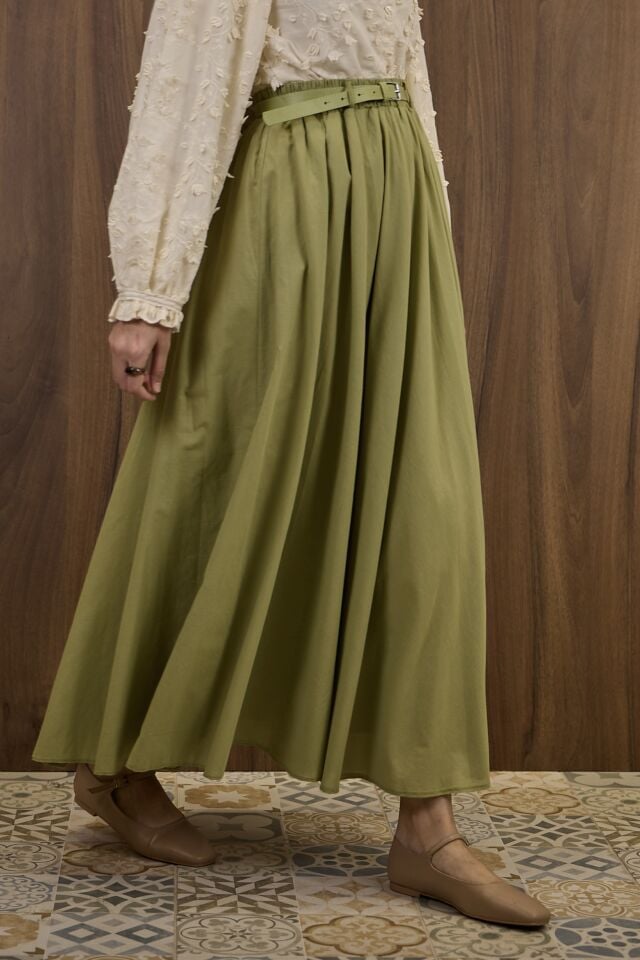 Yeşil Ceinture Kemerli Keten Etek