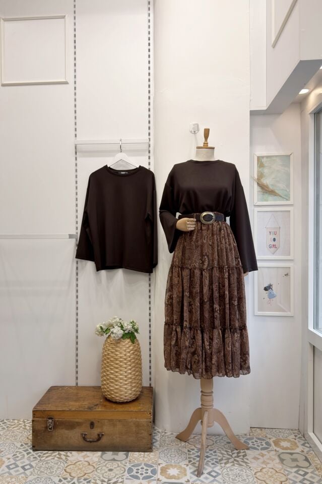 Kahverengi Kat Kat Kemerli Şifon Etek