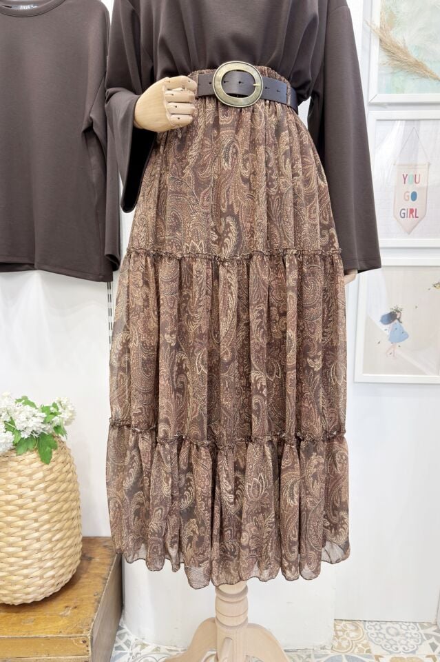 Kahverengi Kat Kat Kemerli Şifon Etek