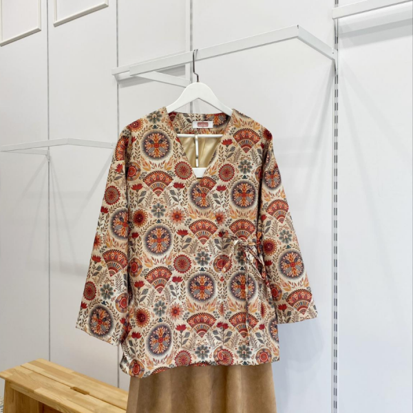 Sonbahar Çiçek Desenli Anvelop Bağlamalı Ceket