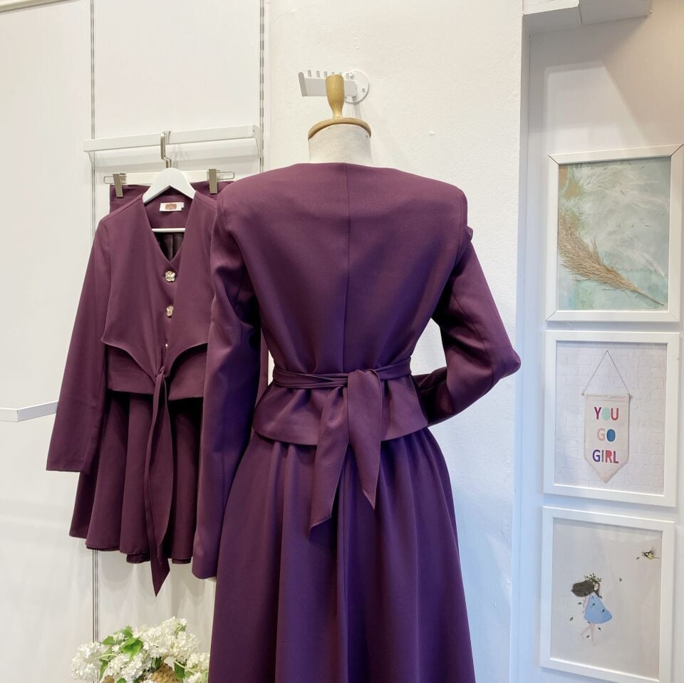 Mürdüm Gold Düğmeli Vatka Detaylı Crep Takım