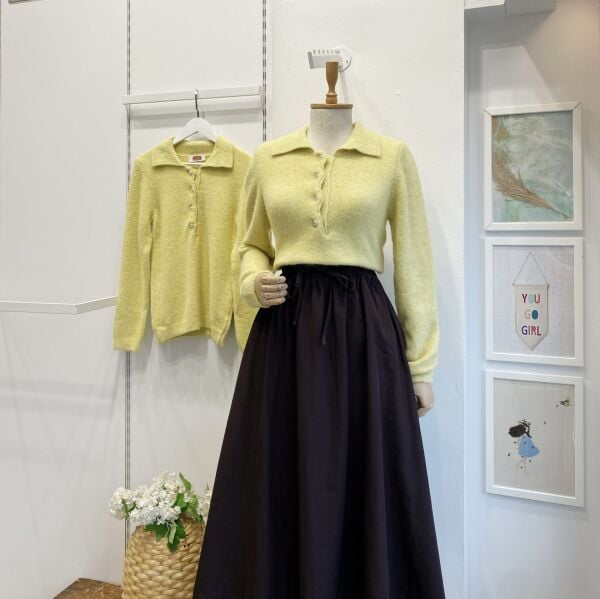 Sarı Taş Düğmeli Triko Kazak