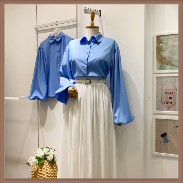 Bebe Mavisi Bebe Yaka Balon Kol Poplin Gömlek