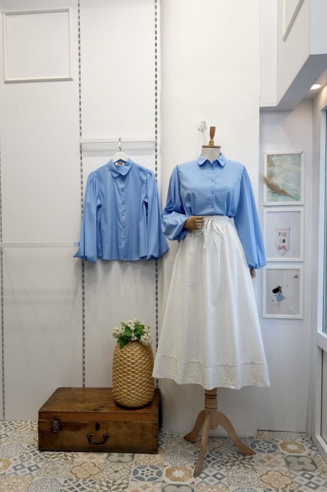 Bebe Mavisi Bebe Yaka Balon Kol Poplin Gömlek