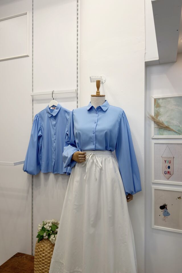 Bebe Mavisi Bebe Yaka Balon Kol Poplin Gömlek