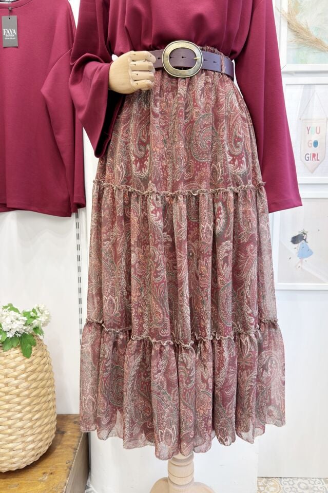 Bordo Kat Kat Kemerli Şifon Etek