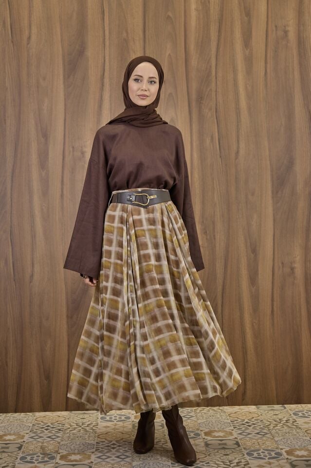 Kemerli Desenli Şifon Etek